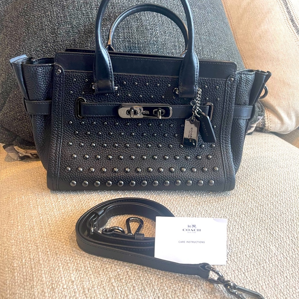 Coach Swagger Black Pebbled Leather Shoulder Bag with Black Rivets